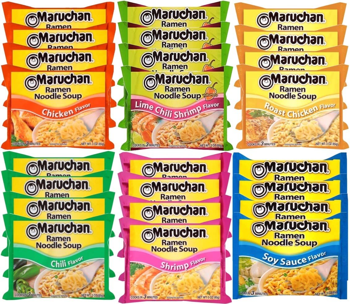 Maruchan Ramen Instant Noodle Soup Variety Mix 24 Packs, 6 Flavors - 4 Lime Chili Shrimp, 4 Chicken, 4 Roast Chicken, 4 Oriental, 4 Chili , 4 Shrimp Lunch / Dinner Variety