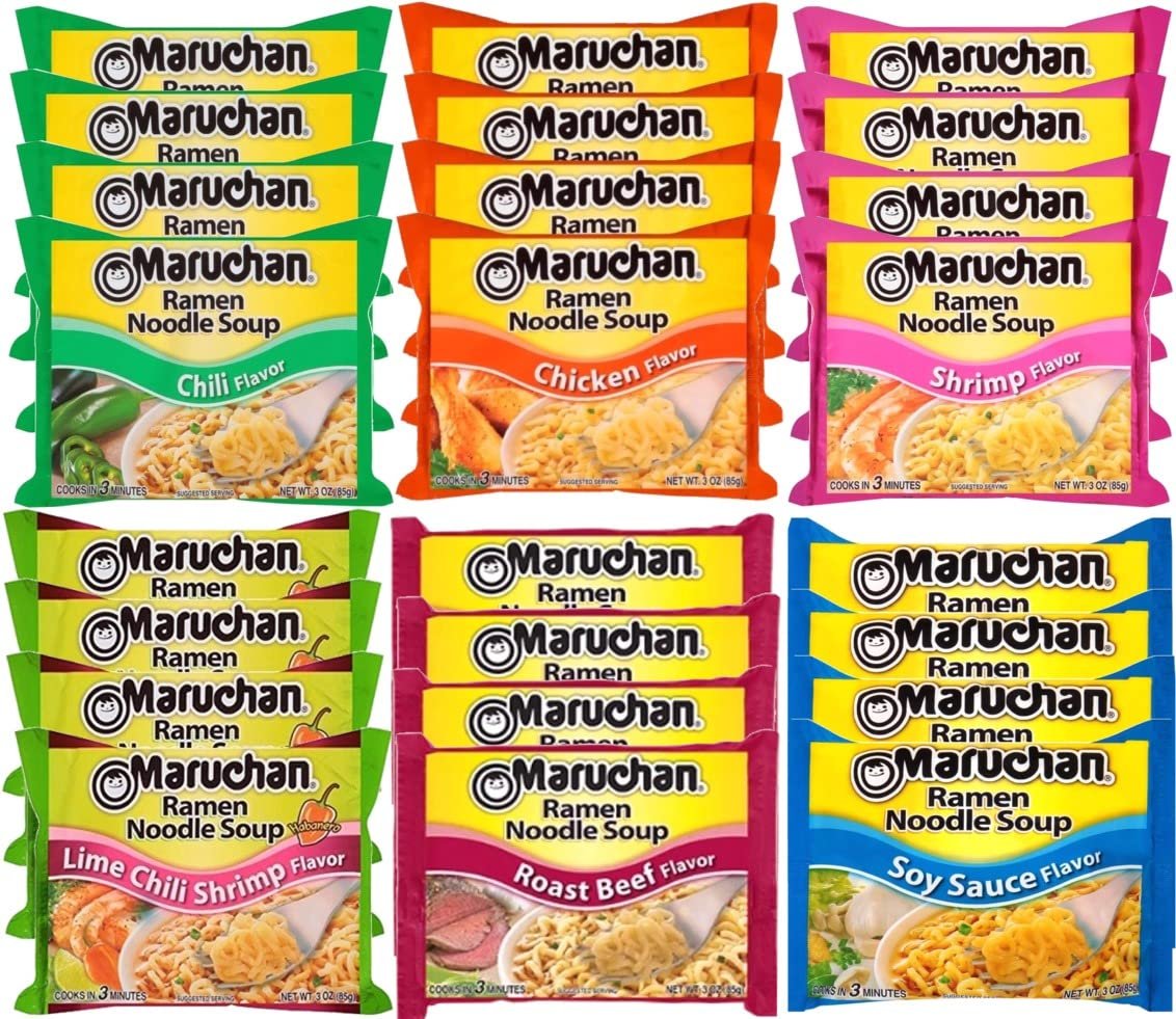 Maruchan Ramen Instant Noodle Soup Variety Mix 24 Packs, 6 Flavors - 4 Roast Beef, 4 Oriental, 4 Shrimp, 4 Chili, 4 Chicken, 4 lime Chili Shrimp Lunch / Dinner Variety