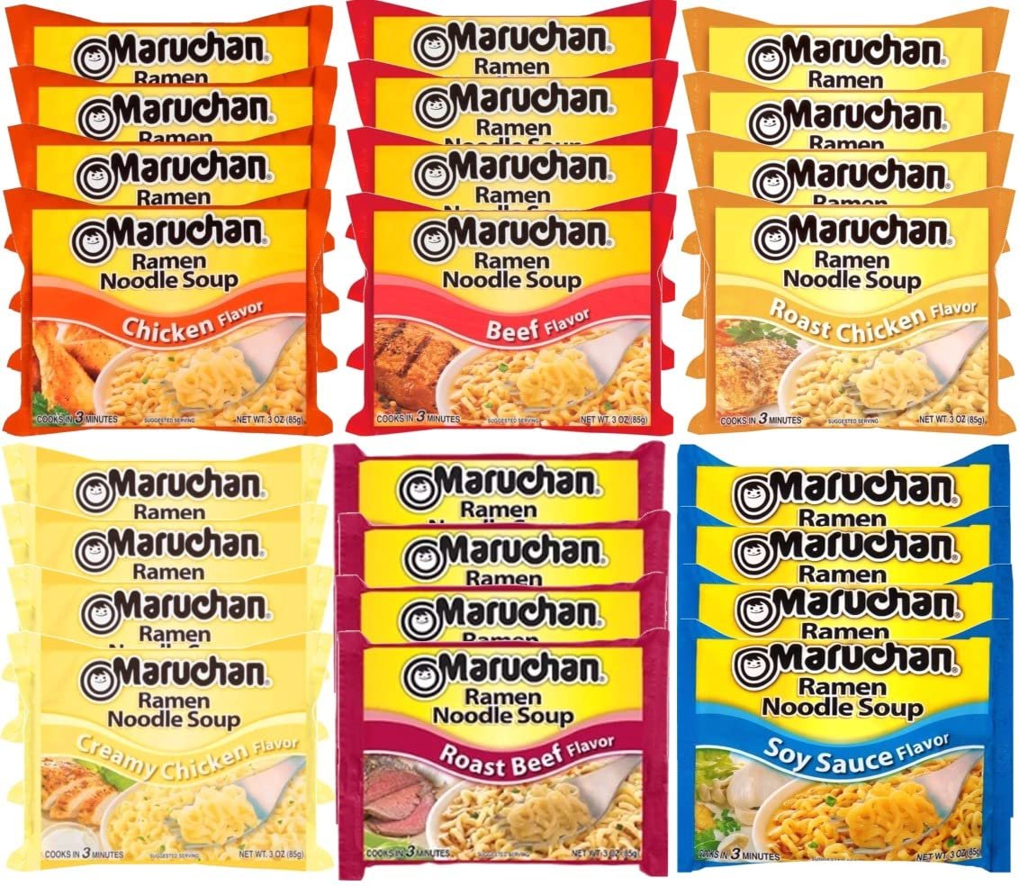 Maruchan Ramen Instant Noodle Soup Variety Mix 24 Packs, 6 Flavors - 4 Oriental, 4 Chicken, 4 Roast Chicken, 4 Beef, 4 Creamy Chicken, 4 Rost Beef Lunch / Dinner Variety