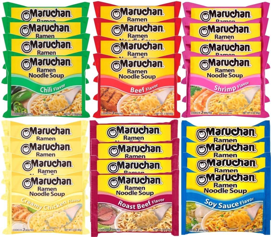 Maruchan Ramen Instant Noodle Soup Variety Mix 24 Packs, 6 Flavors - 4 Roast Beef, 4 Oriental, 4 Shrimp, 4 Beef, 4 Creamy Chicken, 4 Chili Lunch / Dinner Variety